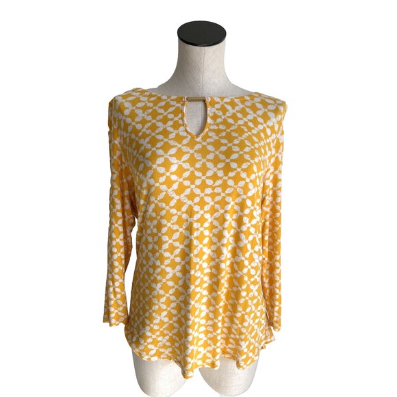 Michael Kors Yellow Print Stretch Knit Top Size Medium - Picture 1 of 8
